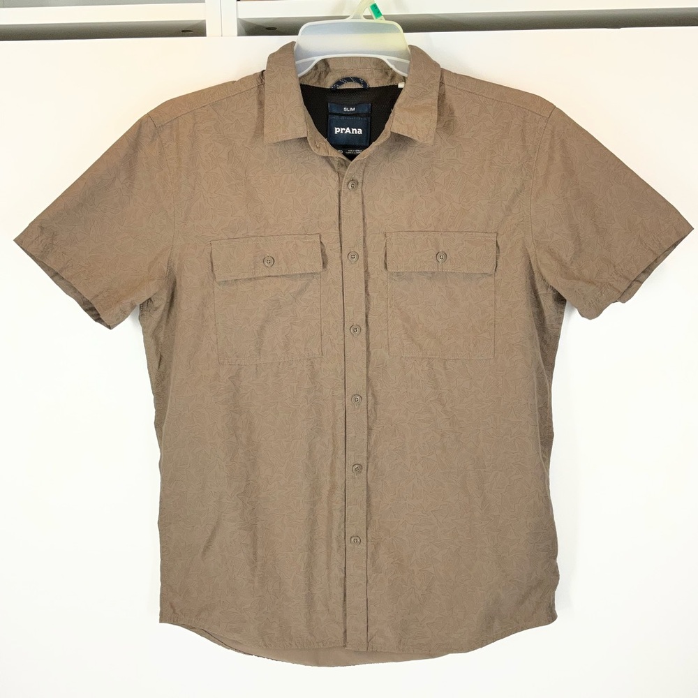 prAna Mens Slim Fit Short Sleeve Button-Up Shirt Brown/Taupe Pattern Size Medium